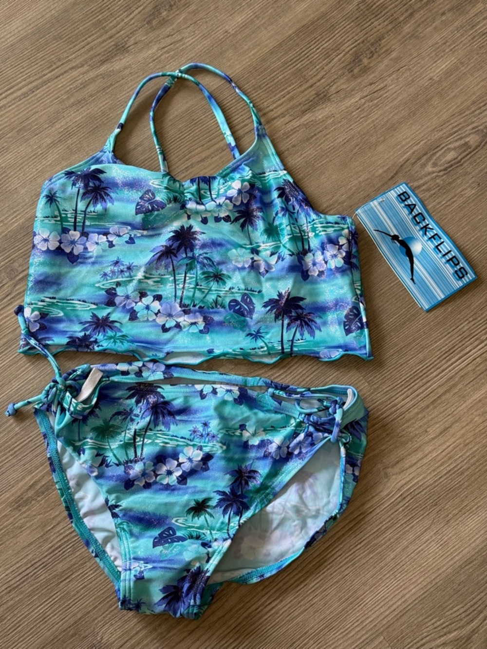 NWT Backflips Girls size 14 Aqua Tropical Two-Piece Swim Set